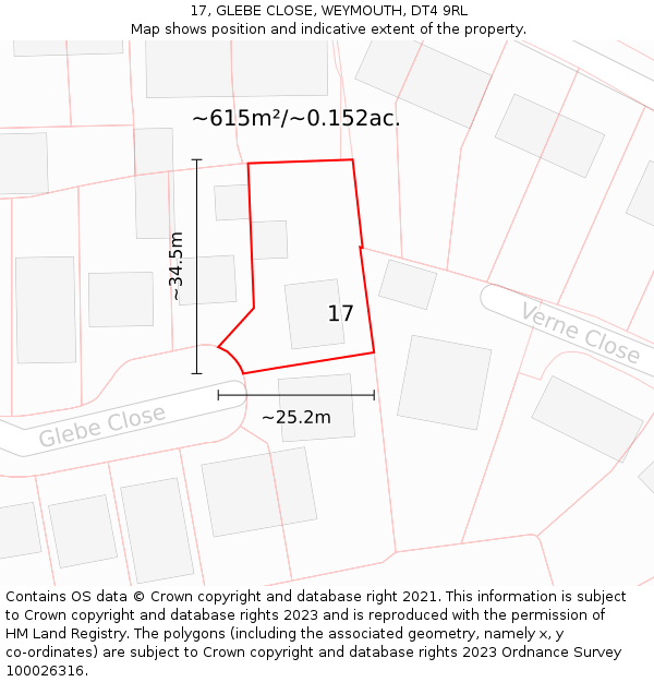 17, GLEBE CLOSE, WEYMOUTH, DT4 9RL: Plot and title map