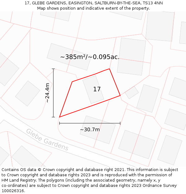 17, GLEBE GARDENS, EASINGTON, SALTBURN-BY-THE-SEA, TS13 4NN: Plot and title map