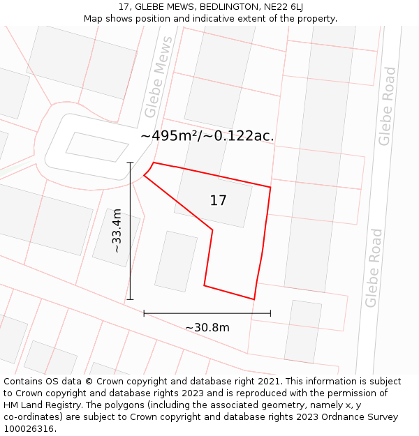 17, GLEBE MEWS, BEDLINGTON, NE22 6LJ: Plot and title map