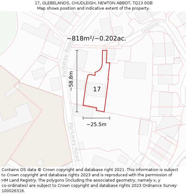 17, GLEBELANDS, CHUDLEIGH, NEWTON ABBOT, TQ13 0GB: Plot and title map