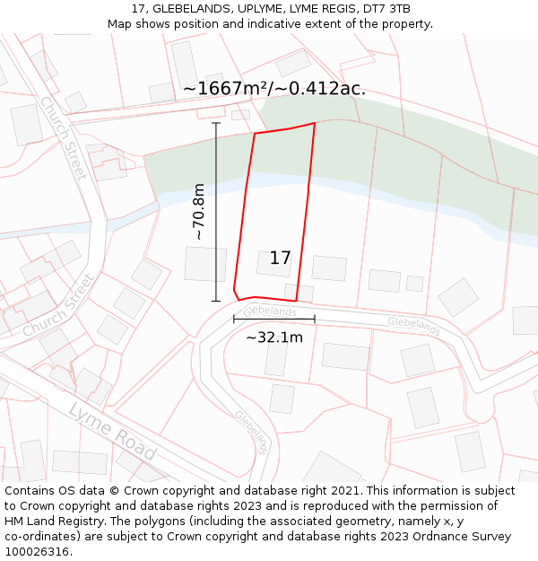 17, GLEBELANDS, UPLYME, LYME REGIS, DT7 3TB: Plot and title map