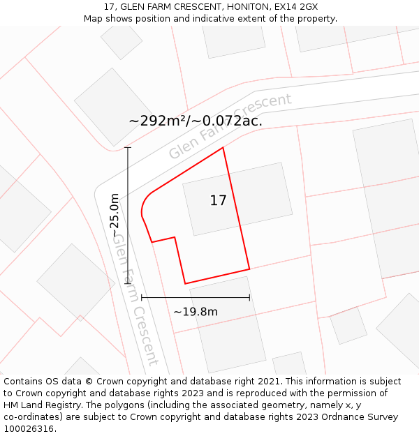 17, GLEN FARM CRESCENT, HONITON, EX14 2GX: Plot and title map