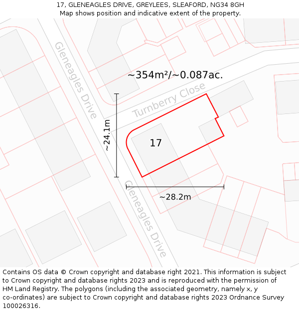 17, GLENEAGLES DRIVE, GREYLEES, SLEAFORD, NG34 8GH: Plot and title map