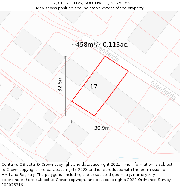 17, GLENFIELDS, SOUTHWELL, NG25 0AS: Plot and title map