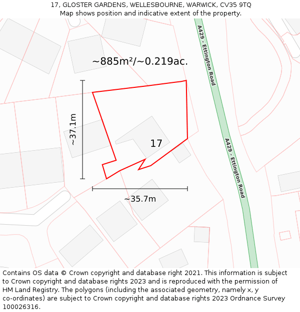 17, GLOSTER GARDENS, WELLESBOURNE, WARWICK, CV35 9TQ: Plot and title map