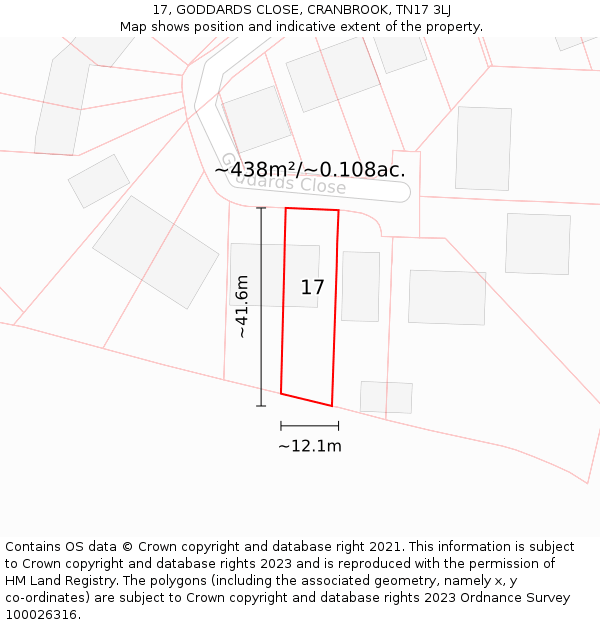 17, GODDARDS CLOSE, CRANBROOK, TN17 3LJ: Plot and title map