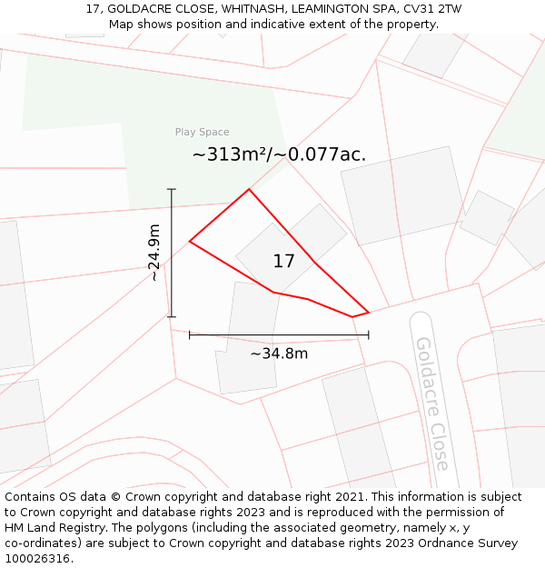 17, GOLDACRE CLOSE, WHITNASH, LEAMINGTON SPA, CV31 2TW: Plot and title map