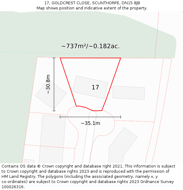 17, GOLDCREST CLOSE, SCUNTHORPE, DN15 8JB: Plot and title map
