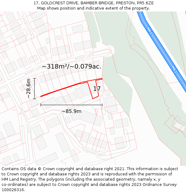 17, GOLDCREST DRIVE, BAMBER BRIDGE, PRESTON, PR5 6ZE: Plot and title map