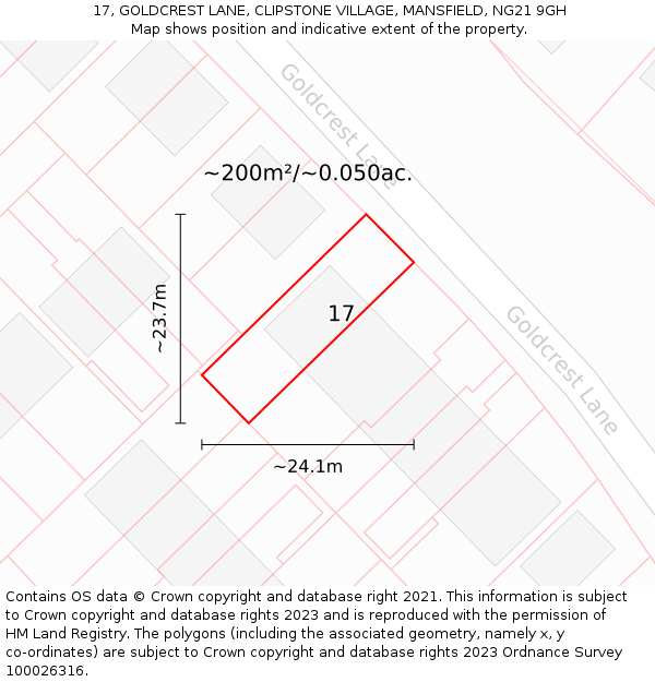 17, GOLDCREST LANE, CLIPSTONE VILLAGE, MANSFIELD, NG21 9GH: Plot and title map