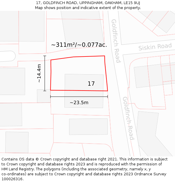 17, GOLDFINCH ROAD, UPPINGHAM, OAKHAM, LE15 9UJ: Plot and title map
