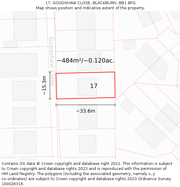 17, GOODSHAW CLOSE, BLACKBURN, BB1 8PG: Plot and title map
