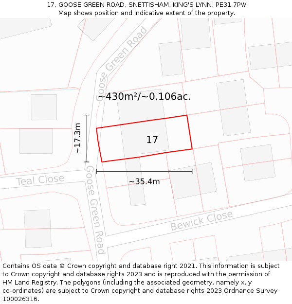 17, GOOSE GREEN ROAD, SNETTISHAM, KING'S LYNN, PE31 7PW: Plot and title map