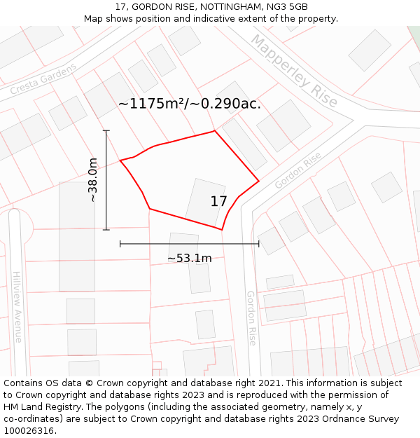 17, GORDON RISE, NOTTINGHAM, NG3 5GB: Plot and title map