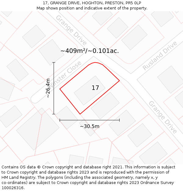 17, GRANGE DRIVE, HOGHTON, PRESTON, PR5 0LP: Plot and title map