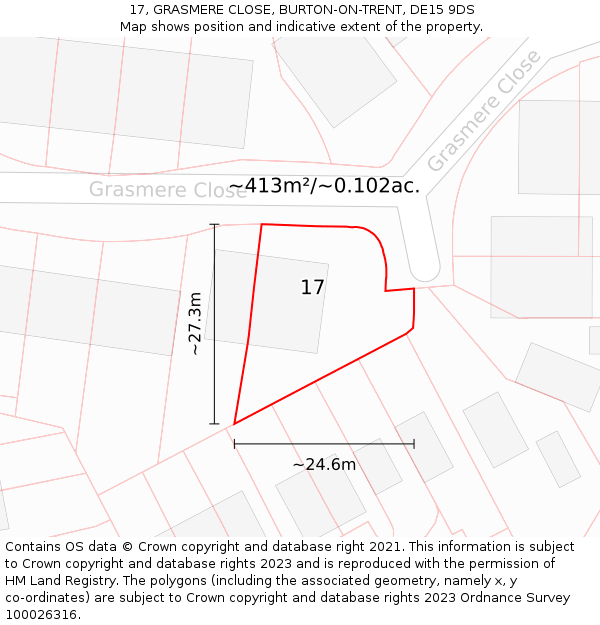 17, GRASMERE CLOSE, BURTON-ON-TRENT, DE15 9DS: Plot and title map