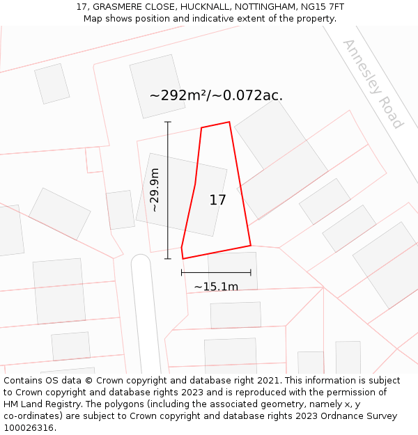 17, GRASMERE CLOSE, HUCKNALL, NOTTINGHAM, NG15 7FT: Plot and title map