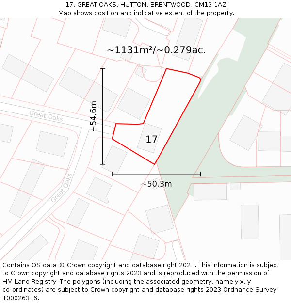 17, GREAT OAKS, HUTTON, BRENTWOOD, CM13 1AZ: Plot and title map