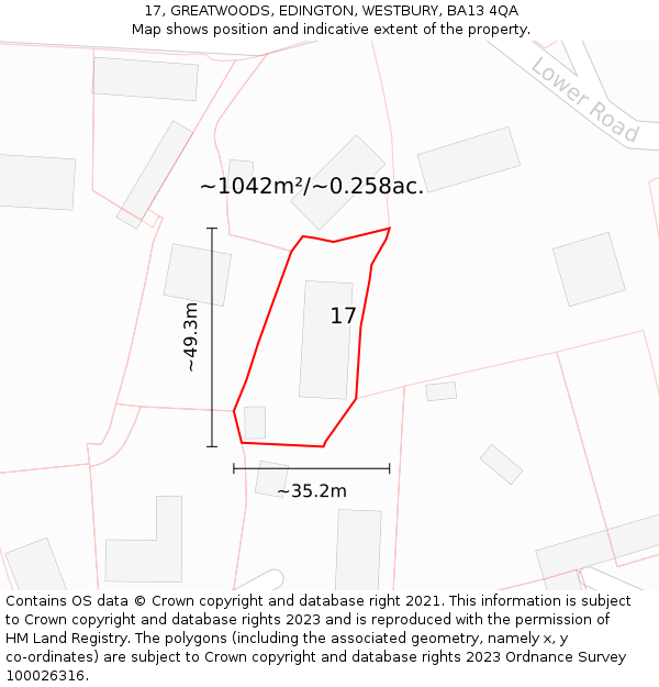 17, GREATWOODS, EDINGTON, WESTBURY, BA13 4QA: Plot and title map