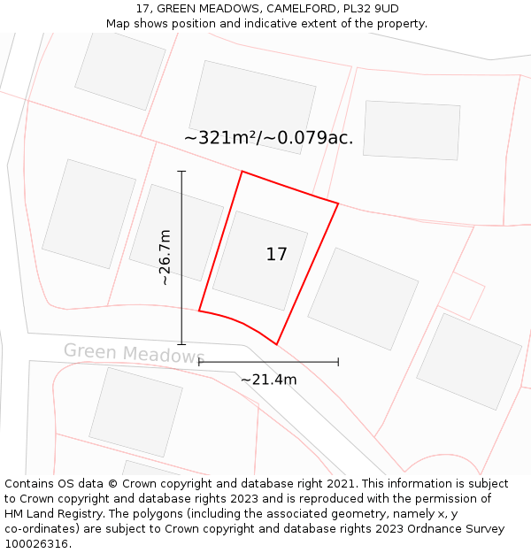 17, GREEN MEADOWS, CAMELFORD, PL32 9UD: Plot and title map