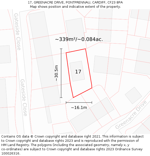 17, GREENACRE DRIVE, PONTPRENNAU, CARDIFF, CF23 8PA: Plot and title map