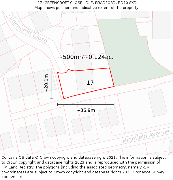 17, GREENCROFT CLOSE, IDLE, BRADFORD, BD10 8XD: Plot and title map
