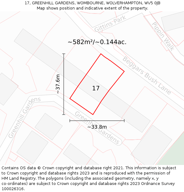 17, GREENHILL GARDENS, WOMBOURNE, WOLVERHAMPTON, WV5 0JB: Plot and title map