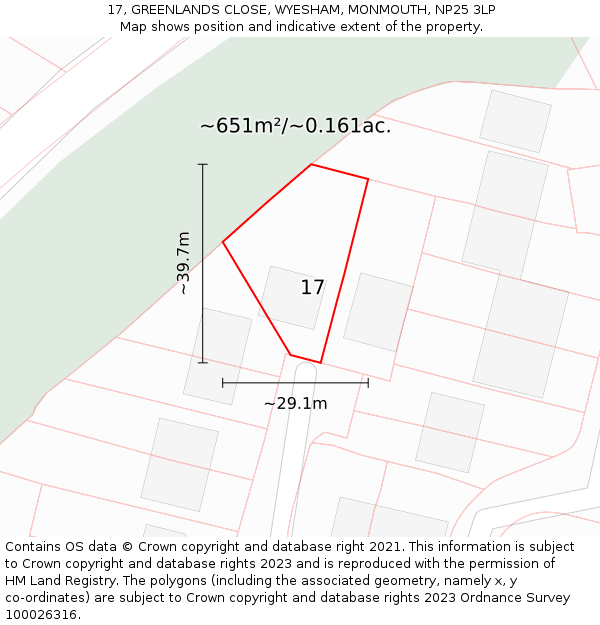 17, GREENLANDS CLOSE, WYESHAM, MONMOUTH, NP25 3LP: Plot and title map