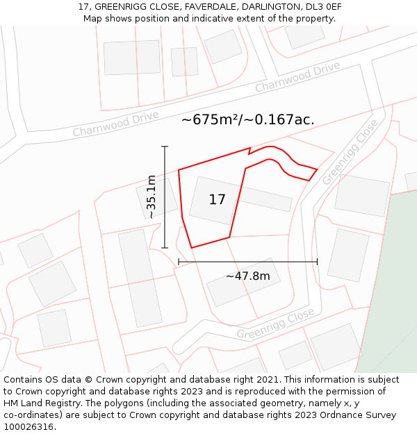17, GREENRIGG CLOSE, FAVERDALE, DARLINGTON, DL3 0EF: Plot and title map