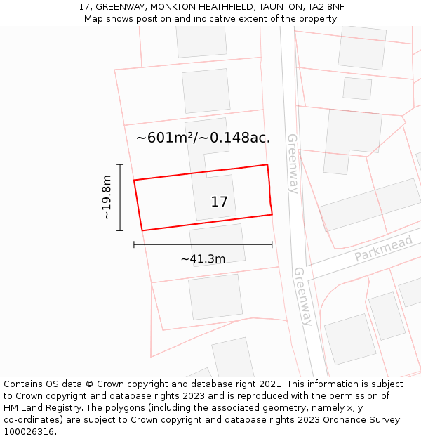 17, GREENWAY, MONKTON HEATHFIELD, TAUNTON, TA2 8NF: Plot and title map