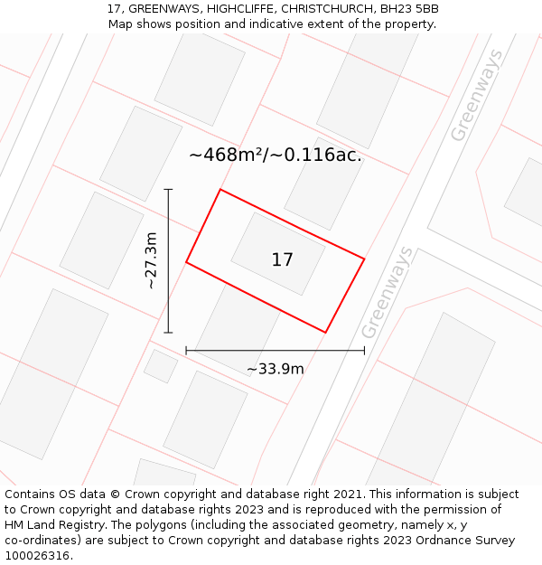 17, GREENWAYS, HIGHCLIFFE, CHRISTCHURCH, BH23 5BB: Plot and title map