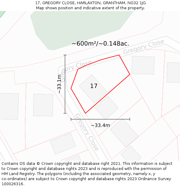 17, GREGORY CLOSE, HARLAXTON, GRANTHAM, NG32 1JG: Plot and title map