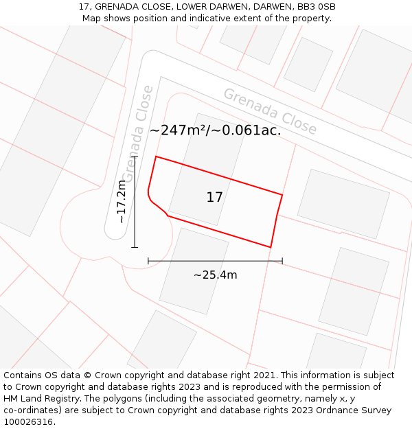 17, GRENADA CLOSE, LOWER DARWEN, DARWEN, BB3 0SB: Plot and title map