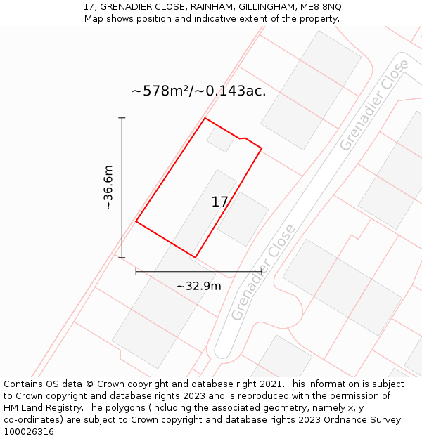 17, GRENADIER CLOSE, RAINHAM, GILLINGHAM, ME8 8NQ: Plot and title map