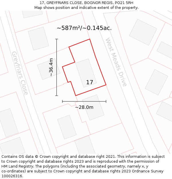 17, GREYFRIARS CLOSE, BOGNOR REGIS, PO21 5RH: Plot and title map