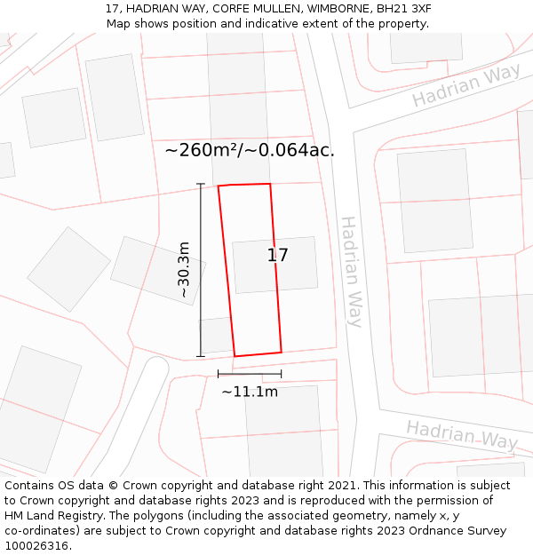 17, HADRIAN WAY, CORFE MULLEN, WIMBORNE, BH21 3XF: Plot and title map