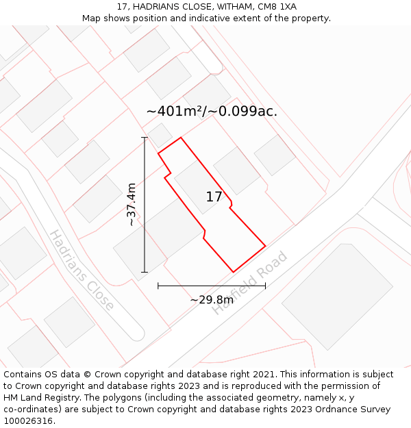 17, HADRIANS CLOSE, WITHAM, CM8 1XA: Plot and title map
