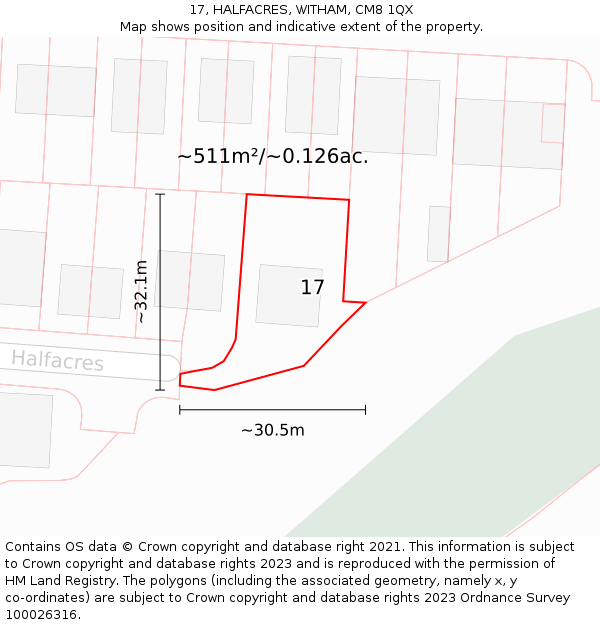 17, HALFACRES, WITHAM, CM8 1QX: Plot and title map