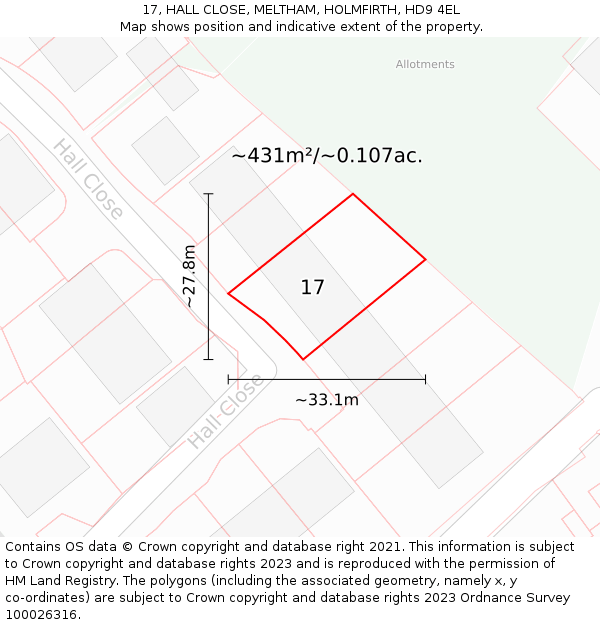 17, HALL CLOSE, MELTHAM, HOLMFIRTH, HD9 4EL: Plot and title map