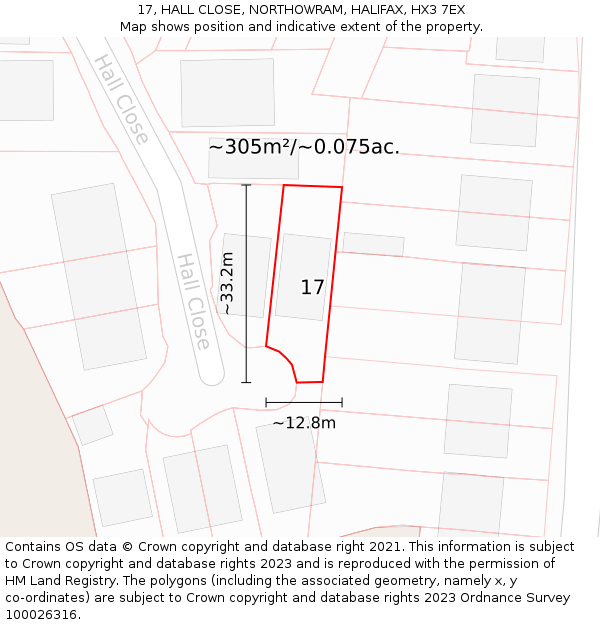 17, HALL CLOSE, NORTHOWRAM, HALIFAX, HX3 7EX: Plot and title map