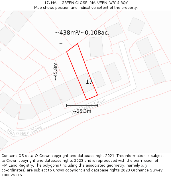 17, HALL GREEN CLOSE, MALVERN, WR14 3QY: Plot and title map