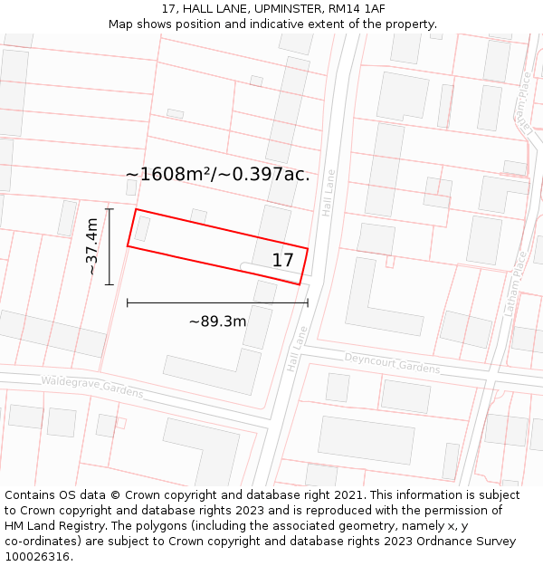 17, HALL LANE, UPMINSTER, RM14 1AF: Plot and title map