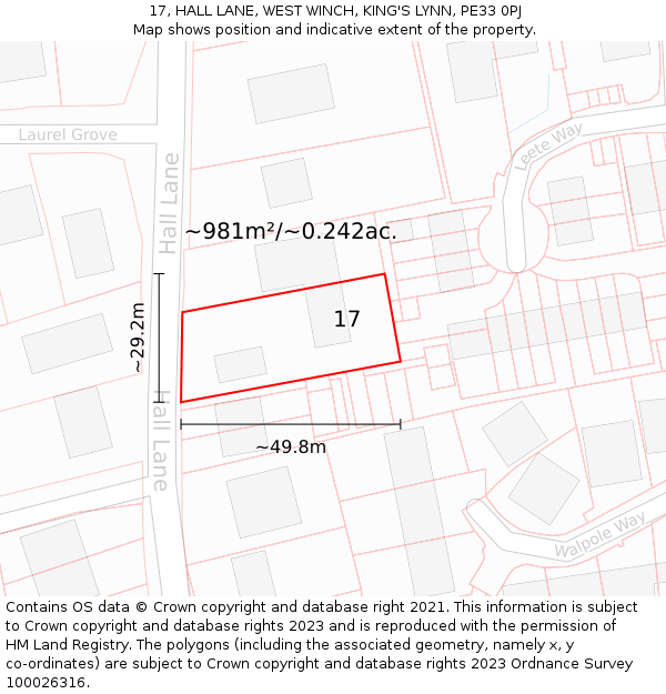 17, HALL LANE, WEST WINCH, KING'S LYNN, PE33 0PJ: Plot and title map