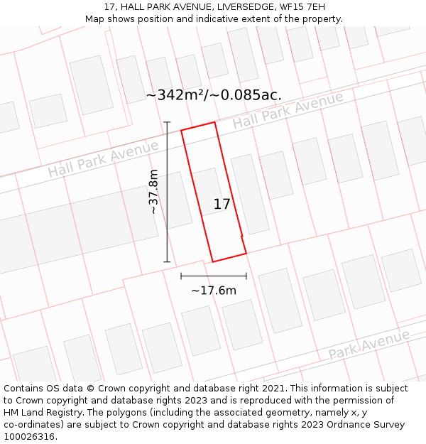 17, HALL PARK AVENUE, LIVERSEDGE, WF15 7EH: Plot and title map