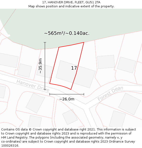 17, HANOVER DRIVE, FLEET, GU51 2TA: Plot and title map