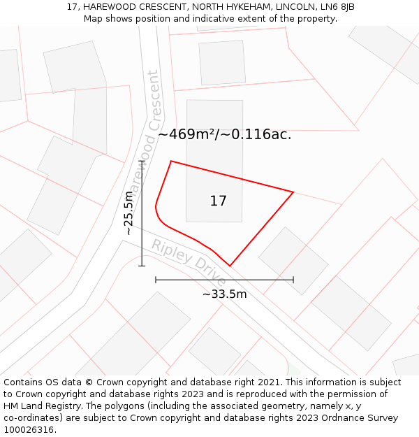 17, HAREWOOD CRESCENT, NORTH HYKEHAM, LINCOLN, LN6 8JB: Plot and title map