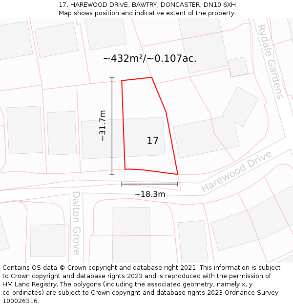 17, HAREWOOD DRIVE, BAWTRY, DONCASTER, DN10 6XH: Plot and title map
