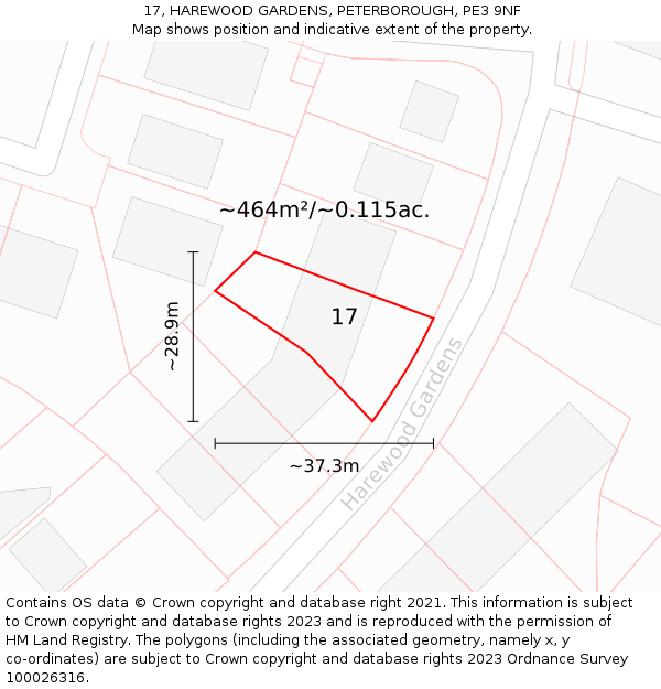 17, HAREWOOD GARDENS, PETERBOROUGH, PE3 9NF: Plot and title map