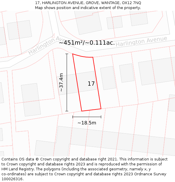 17, HARLINGTON AVENUE, GROVE, WANTAGE, OX12 7NQ: Plot and title map