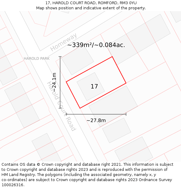 17, HAROLD COURT ROAD, ROMFORD, RM3 0YU: Plot and title map